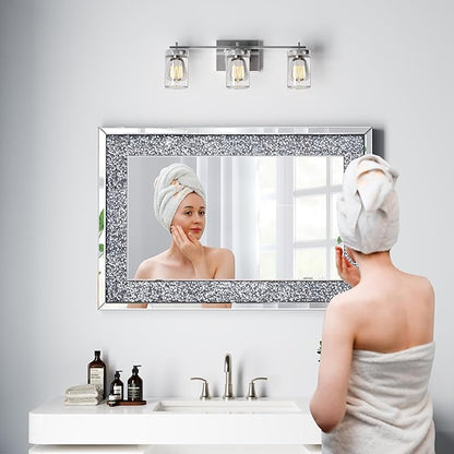 Crystal Crush Diamond Mirror-24x36 Silver Mirror, Gorgeous Wall Mirror, Rectangle Mirrors for Wall Bathroom, Bedroom, Dining Room and Living Room