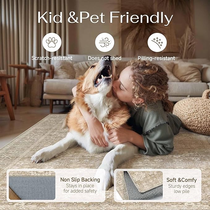 8x10 Washable Area Rug for Living Room Bedroom Vintage Beige Non Slip Carpet Traditional Retro Soft Low Pile Large Throw Rug for Dining Room Kitchen Office Indoor