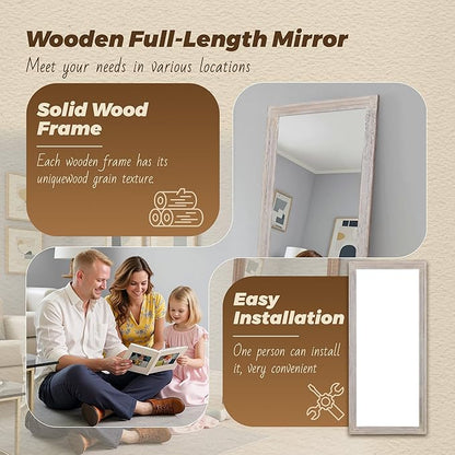 Antok Full Length Mirror with Solid Wood Frame, 81"×41" Wall Mounted Oversized Floor Mirror with Stand, Leaning Standing Hanging for Bedroom Living Room Entryway, White, Rect Style