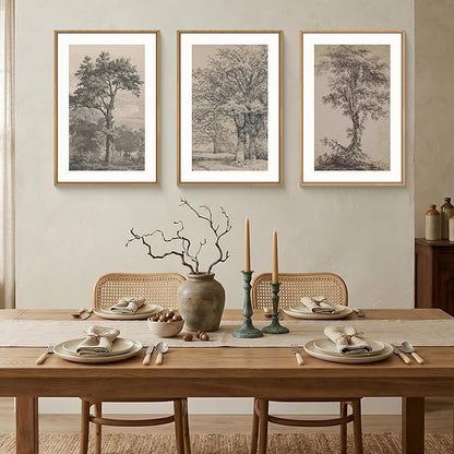 KAIRNE Vintage Tree Sketch Framed Canvas Wall Art Set, Antique Tree Drawings Wall Decor, Retro Forest Art Prints, Modern Nature Landscape Artwork for Living Room, Bedroom, Farmhouse, Office-16 x24 x3
