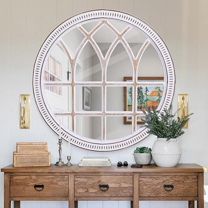 HOITUZYUS 30 Inch Round Farmhouse Window Pane Mirror, Distressed Wood Framed Decorative Wall Mirror for Living Room, Entryway, Above Fireplace