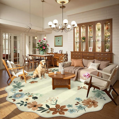 Lahome Floral Washable Round Area Rug, Soft Round Rugs 6ft Ultra-Thin Non-Slip, Boho Large Circle Carpet for Bedroom Living Room Kitchen Nursery Flore, Beige