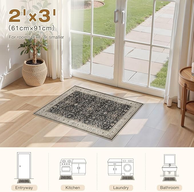 Area Rug for Living Room - 2x3 Soft Washable Oriental Vintage Floral Distressed Large Carpet - Fade Stain Resistant Non Slip Rugs for Bedroom Dining Room Nursery Dorm Office Home Decor - Black