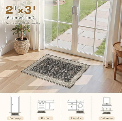 Area Rug for Living Room - 2x3 Soft Washable Oriental Vintage Floral Distressed Large Carpet - Fade Stain Resistant Non Slip Rugs for Bedroom Dining Room Nursery Dorm Office Home Decor - Black