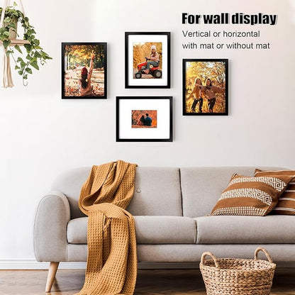 KINLINK 11x14 Picture Frame Black, Solid Wood Frames with Acrylic Plexiglass for Pictures 5x7/8x10 with Mat or 11x14 without Mat, Tabletop and Wall Display, Set of 4