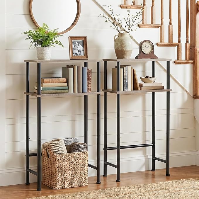 HOOBRO Narrow Console Table for Small Space, 15.7" Entryway Table with Storage, 2 Tier Sofa Table with 2 Shelves, Skinny Console Table for Entryway, Hallway, Living Room, Greige and Black BG40XG01