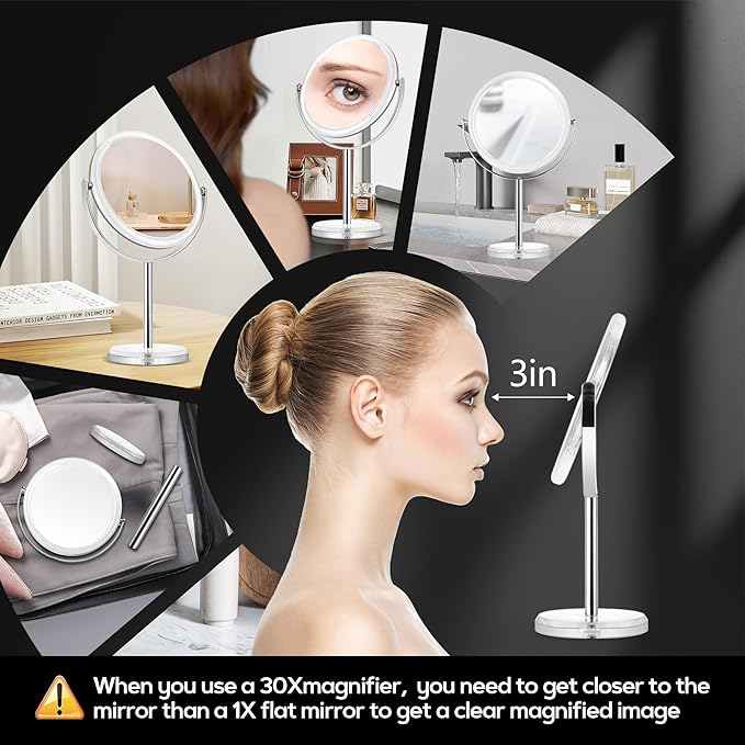 MIYADIVA Makeup Mirror, 30X Magnifying Mirror for Desk, 1X/30X Table Mirror with Stand, Double-Sided Vanity Mirror, Travel Makeup Mirror with Magnification, Desk Mirrors for Home and Office 8 in
