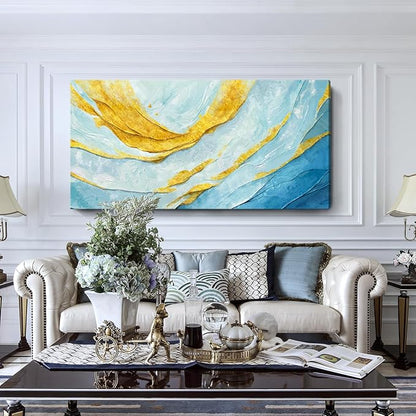 Nicetop Extra Large Abstract Canvas Wall Art for Living Room – Oversized Blue and Yellow Art Print Modern Horizontal Contemporary Artwork Coastal Wall Picture Bedroom Home Office Decor 58x29 Inch