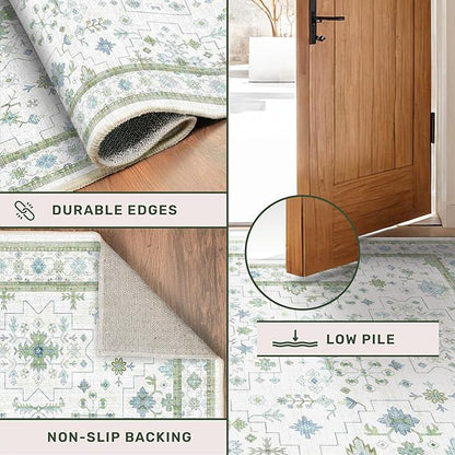 Blue and Green Washable Entryway Rugs 3x5 - Vintage Boho Floral Pastel Cream, Washable Low Pile Non Slip Small Throw Accent Area Rug for Door Mat Indoor Entrance, Kitchen, Bedroom Beside Bed Decor