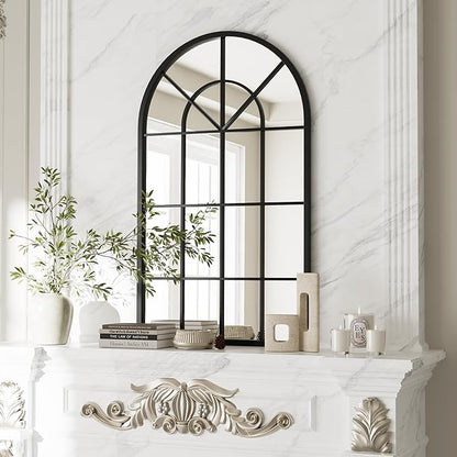 Dewfig Arch Wall Mirror Mounted Decorative, 24"x42", Arched Window Pane Mirror for Wall-Mounted for Entryway, Bathroom Vanity, Living Room or Bedroom, Iron Frame, Black