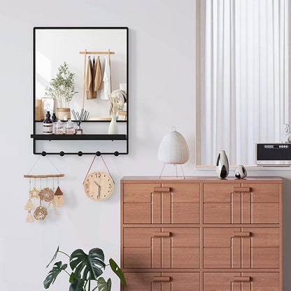 Wall Mirror with Shelf and Hooks,Vanity Mirror with Hooks, 21 X 28 inch Metal Framed Bathroom Mirror with Shelf for Bathroom, Entryway, Bedroom, Living Room (Black, 21" x 28")