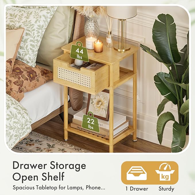 Bamboo Nightstand, Boho Side Table with Drawer and Open Shelf, 3 Tier End Table, Bedside Table, Accent Table, Small Dresser for Bedroom, Dorm and Small Spaces, Natural