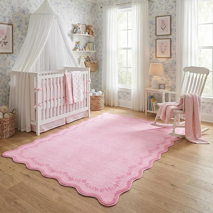GarveeHome 5x7 Scalloped Area Rug Pink Washable Rugs for Nursery Room Bedroom, Soft Low Pile Non Slip Accent Floor Mat Solid Floral Print Throw Rug Farmhouse Indoor Carpet for Dorm Playroom
