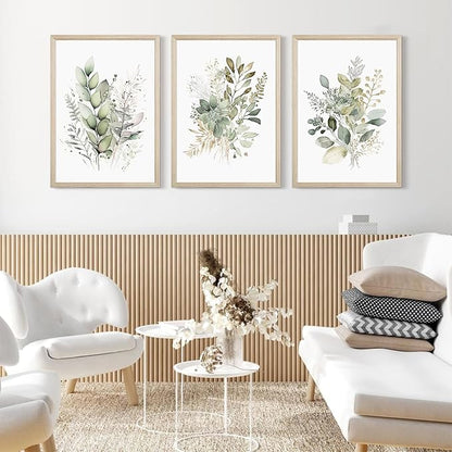 Watercolor Botanical Wall Art Set of 3 Boho Floral Canvas Wall Decor Prints Sage Green Wildflower Wall Art Modern Flower Pictures Botanical Painting for Bedroom Bathroom 16x24 Inch Wood Framed