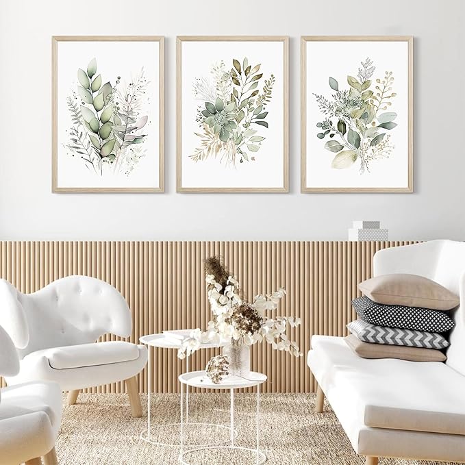 Watercolor Botanical Wall Art Set of 3 Boho Floral Canvas Wall Decor Prints Sage Green Wildflower Wall Art Modern Flower Pictures Botanical Painting for Bedroom Bathroom 12x16 Inch Wood Framed