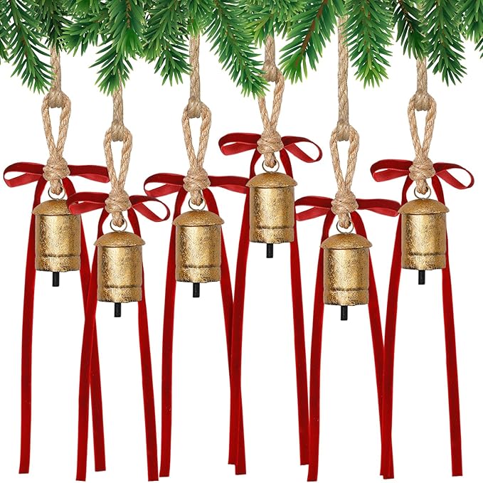 Suncalla 6 Pcs Rustic Gold Bells with 6 Pcs Burgundy Velvet Bows Mini Handmade Hanging Ornament Decorative Antique Bells Velvet Bows for Xmas Tree Crafts Door Wreath Decoration DIY Party Supplies
