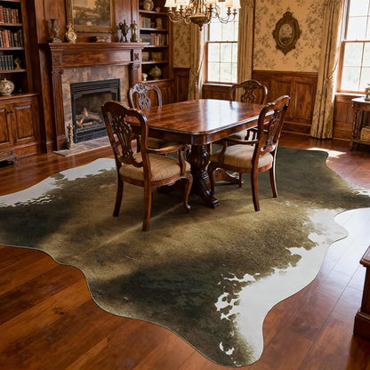 Oversized Washable Non Slip Cowhide Rug 8x10 Brindle and White, Large Faux Animal Skin Area Rugs for Living Room, Western Rustic Cottagecore Home Decor Carpet TPR Backing