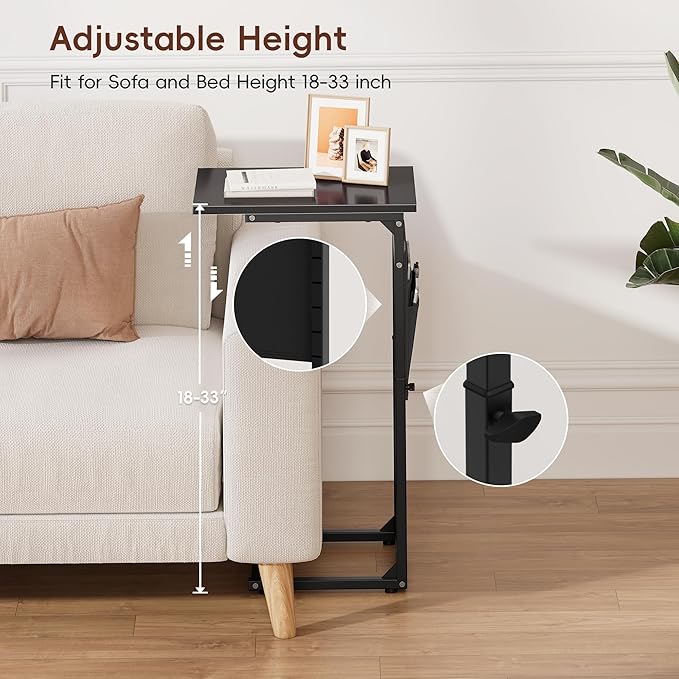 Vagusicc C-Shaped End Table, Small Side Table for Couch, Sofa Table Adjustable Height End Tables Living Room, Bedside Slide Under Couch Table for Sofa, TV Tray Table with Metal Frame for Bedroom,Black
