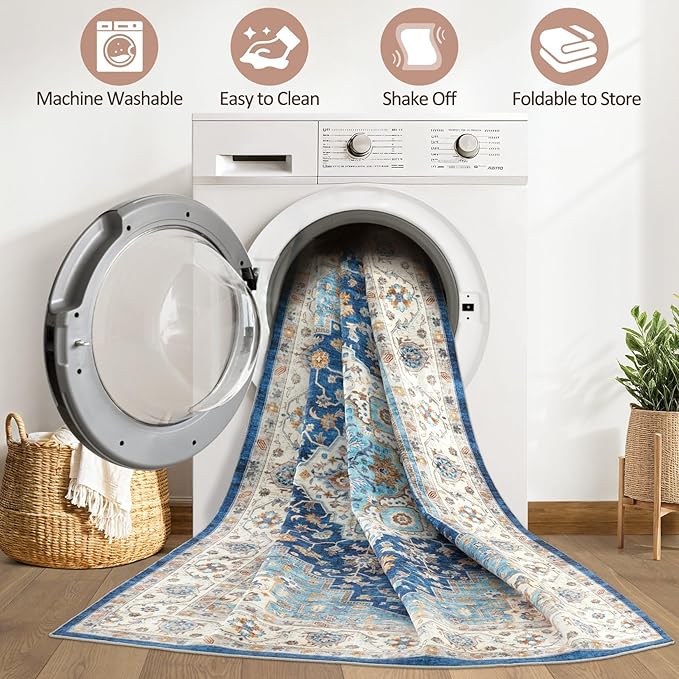 6x8 Area Rug Living Room: Washable Boho Large Neutral Vintage Soft Rugs Stain Resistant Farmhouse Non-Slip Indoor Floor Retro Carpet for Bedroom Nursery Kids Office Dining Room- Navy Beige