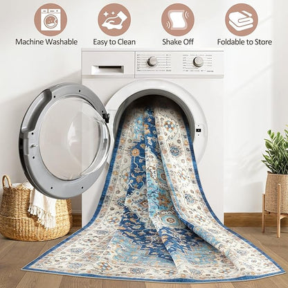 6x8 Area Rug Living Room: Washable Boho Large Neutral Vintage Soft Rugs Stain Resistant Farmhouse Non-Slip Indoor Floor Retro Carpet for Bedroom Nursery Kids Office Dining Room- Navy Beige