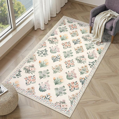 Wonnitar Floral Machine Washable 3x5 Rug, Small Area Rug for Kids Bedroom Nursery, Ultra-Thin Non Slip Soft Moroccan Throw Carpet for Dorm Living Room Large Entryway, Cream Beige