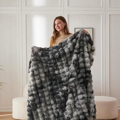 COOVA Faux Fur Throw Blanket for Couch, Cozy Soft and Fuzzy Plush Rabbit Fur Bubble Blanket for Sofa Bedroom Living Room, 60x80 Inches Tie Dye Light Grey