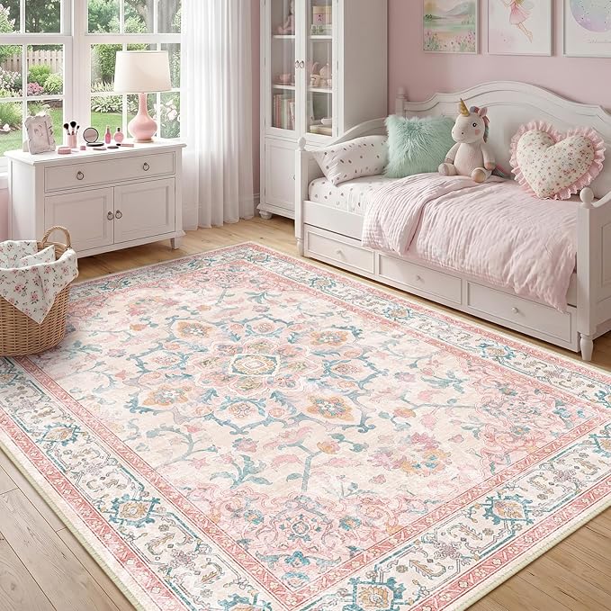 CAPALOCA Machine Washable Rugs Nursery Rug 7x9 Cute Girl Non Slip Low Pile Water Repellent Soft Print Pattern for Bedroom Indoor Decor Kids Playroom Pink Teal
