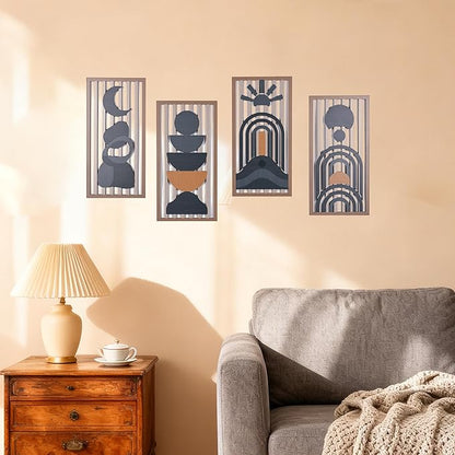Blue Boho Wall Decor Set of 4, Abstract Blue Wall Art & Wall Decor Blue, Mid-Century Modern Aesthetic Artwork with Arch,Framed Wall Art - 3D Wooden Geometric Wall Sculpture for Bedroom Living Room Office (E)