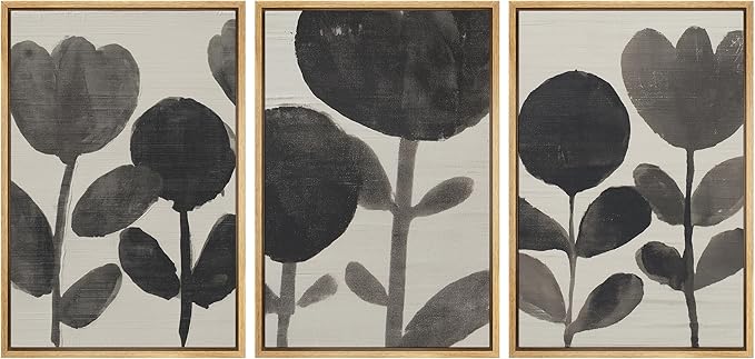 SIGNLEADER Framed Canvas Print Wall Art Set Black Ink Floral Silhouette Neutral Illustrations Minimal Decorative Bohemian Nordic for Living Room, Bedroom, Office - 24"x36"x3 NATURAL