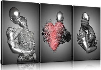 Framed Love Heart 3d Wall Art Romantic Couple Hug Abstract Art Prints Posters Decor Grey Black and White Canvas Prints Bedroom Bathroom Hotel Valentine'S Day Ready to hang 16x24InchX3