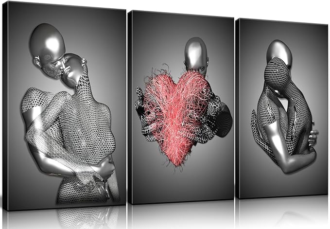 Framed 3 Pcs Love Heart 3d Wall Art Metal Sculpture Romantic Couple Abstract Art Prints Posters Decor Grey Black and White Canvas Printsfor Bedroom Living Room Bathroom Hotel Valentine'S Day ready to
