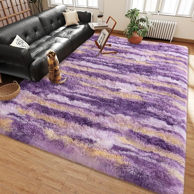 Shag Rugs for Living Room 8x10, Ultra Soft Abstract Purple Big Fuzzy Rugs for Bedroom, 8 x 10 Fluffy Shaggy Plush Carpet Girls Kids Room Dorm Upgrade Non-Slip