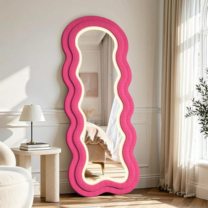 Wavy Full Length Mirror, 63"×24" Irregular Full Body Mirror with 3-Color Adjustable Light, Luxury Velvet Frame Floor/Wall Mounted Mirror for Living Room/Bedroom/Dressing Room, Ideal for Girls