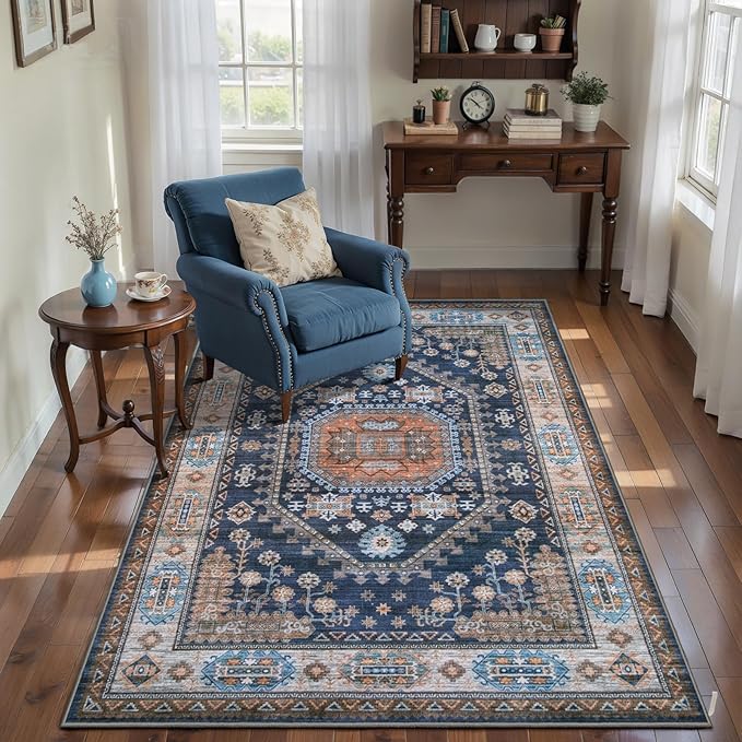 Tangsoo Vintage 3x5 Area Rug for Bedroom Entryway,Washable Soft Low Pile Indoor Accent Rugs,Boho Non-Slip Carpet for Living Room Bedside Bathroom Entry Blue Orange