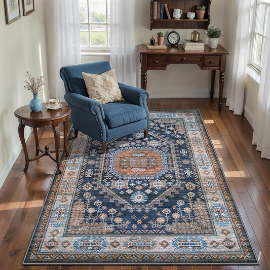 Tangsoo Vintage 3x5 Area Rug for Bedroom Entryway,Washable Soft Low Pile Indoor Accent Rugs,Boho Non-Slip Carpet for Living Room Bedside Bathroom Entry Blue Orange
