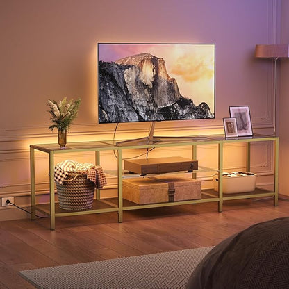 HOOBRO TV Stand with LED Lights and Power Outlets for TVs up to 75", Modern 70.9 Inch Tempered Glass TV Console Table with Open Shelves, Media Entertainment Center for Living Room, Gold GD185UDS01