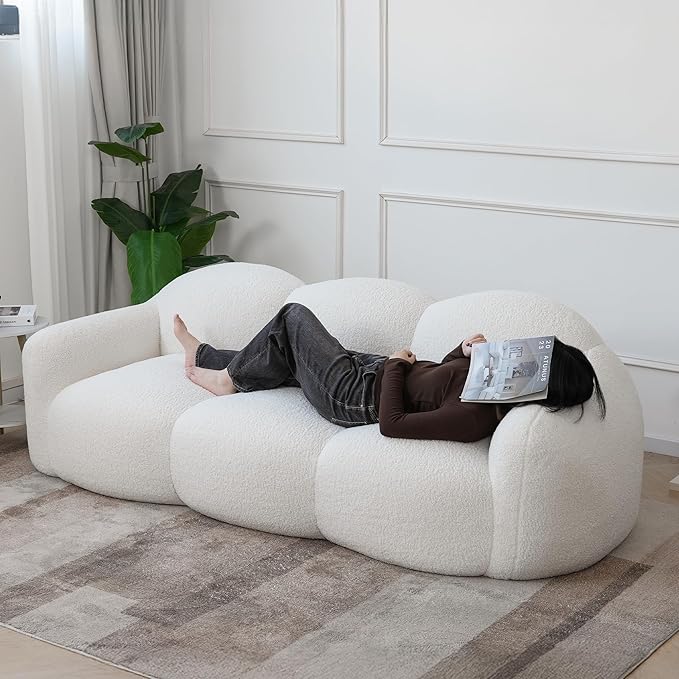 90" Modern Teddy Velvet Sofa Couch – One-Piece Memory Foam 3-Seater Sofa with Rounded Arms, Soft & Cozy Upholstery for Living Room