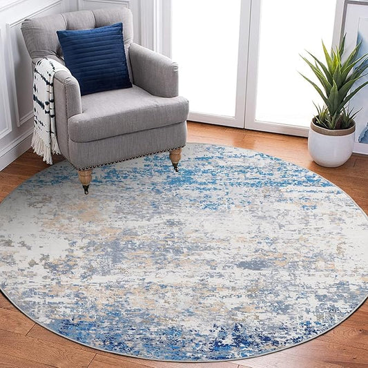 ROYHOME Modern Abstract 6x6 Round Area Rug Non Slip Non Shedding Rug Low Pile Stain Resistant for Bedroom Living Room Office Dining Room,Blue/Grey