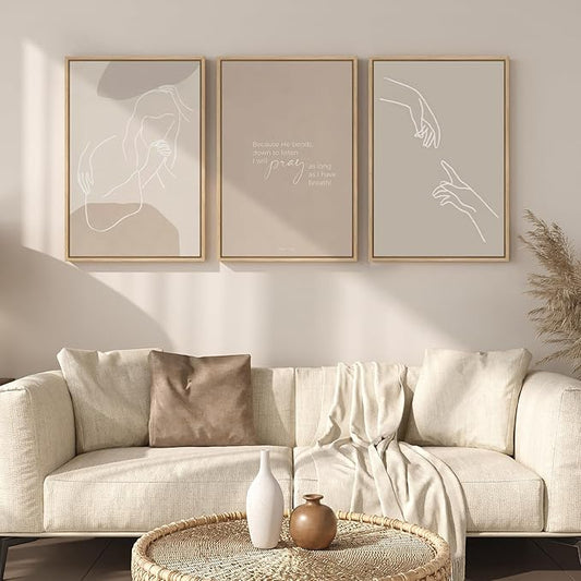 Framed Christian Wall Art Set of 3, Minimalist Neutral Beige Scripture Prints, Psalm 116:2 Modern Line Artwork for Living Room Bedroom Office Prayer Room, 16x24 Inch