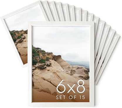 HAUS AND HUES White Oak Wood 6x8 Picture Frames - Bulk Set of 15, Premium Frames with Plexiglass (White, 6x8 in)