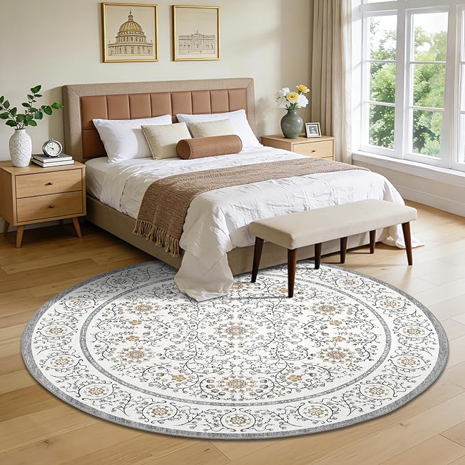 GarveeHome Boho Round Rug 4ft for Bedroom Non Slip, Vintage Botanical Circle Rugs Washable Area Rug for Kitchen Stain Resistant, Low Pile Soft Grey Circular Carpet for Nursery Entryway