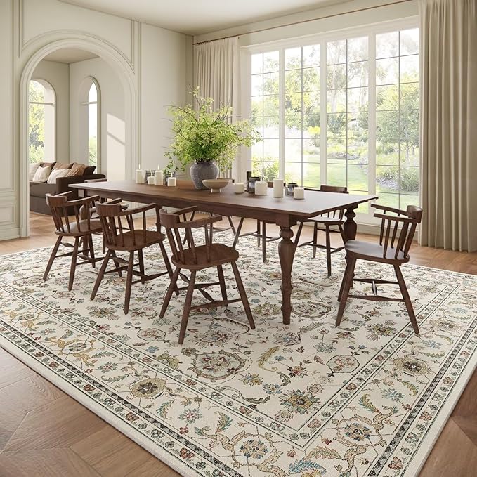 Washable 9x12 Area Rugs for Living Room, Boho Non-Slip Vintage Distress Lager Rugs for Bedroom Dining Room Nursery Office, 0.3" Neutral Oriental Throw Thin Carpet, Beige/Rust/Multi, B1