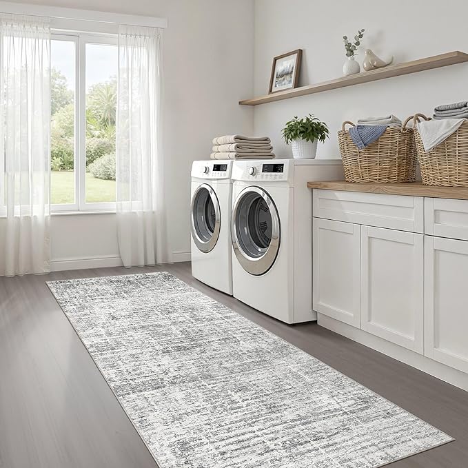 Runner Rug Non-Slip Kitchen Rug: 3x10 Washable Abstract Modern Soft Stain Resistant Indoor Floor Neutral Accent Throw Carpet for Hallway Bathroom Laundry Room Bedroom Entryway- Grey