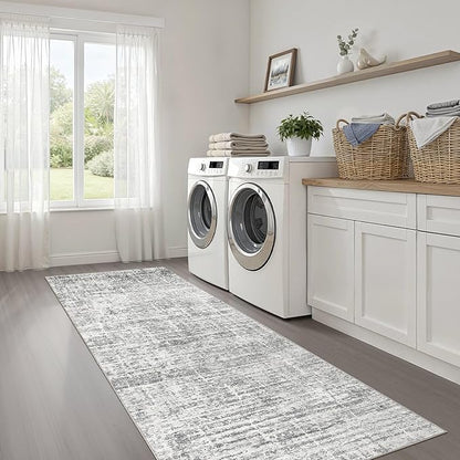 Runner Rug Non-Slip Kitchen Rug: 3x8 Washable Abstract Modern Soft Stain Resistant Indoor Floor Neutral Accent Throw Carpet for Hallway Bathroom Laundry Room Bedroom Entryway- Grey