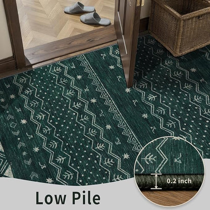 SERISSA 2x5 Kitchen Runner Rug, Washable Non-Slip Dark Green Boho Rug, Soft Low-Pile Geometric Indoor Carpet for Hallway Laundry Room Bathroom Bedroom Entryway