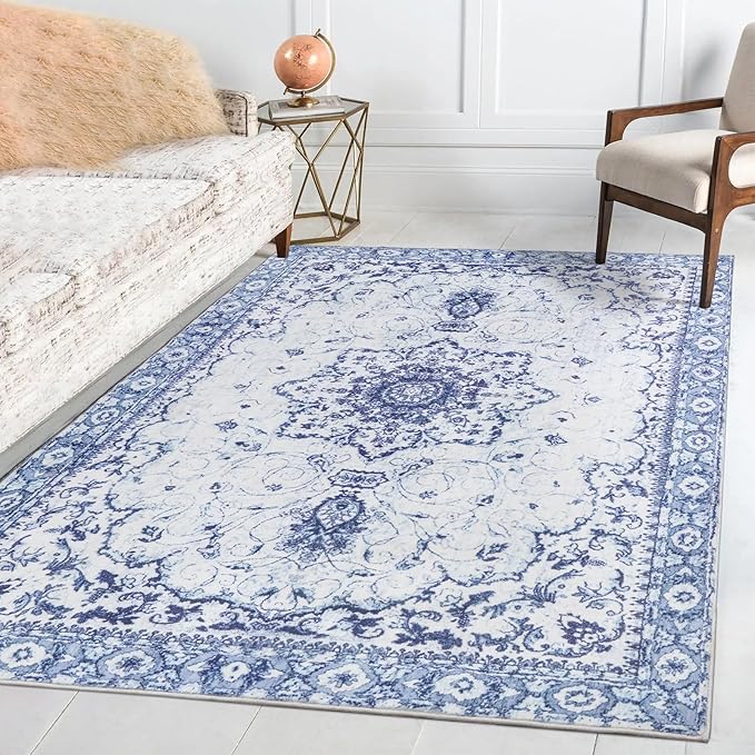 Sofrug Area Rug 5x7 - Vintage Floral Honeycomb Non Slip Backing Carpet - Blue Softer Thicker Faux Wool Rug - Foldable & Machine Washable Rugs for Living Room Bedroom Dining Room Home Office