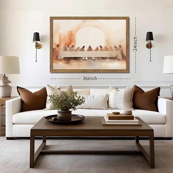 Wood Framed Jesus Last Supper Canvas Wall Art, Leonardo da Vinci Pictures Canvas Print Posters Wall Decor, Christian Wall Art Home Decor for Living Room Dining Room Decor 36x24 inch