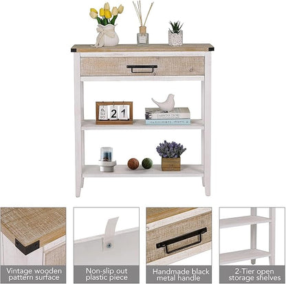 RUSTOWN Farmhouse Console Table with Drawer, 3-Tier Rustic Entryway Table with Open Storage Shelves and Handmade Metal Handle, Narrow Foyer Sofa Table for Living Room, Entryway, Hallway (Washed White)