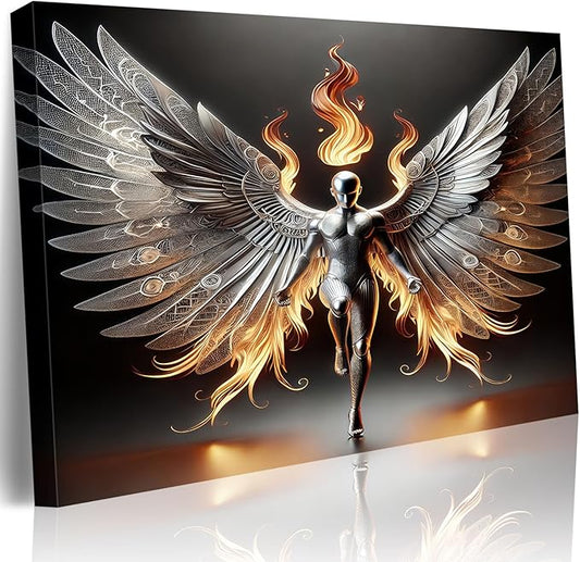 3D Metal Angel Wall Art Mural Futurism Poster Cybernetics Wing Warriors Canvas Printed Images Science Fiction Robot Artwork with Wings of Fire Modern Fantasy Gallery Decoration, Living Room Bedroom Office Manhole 12x16 inches