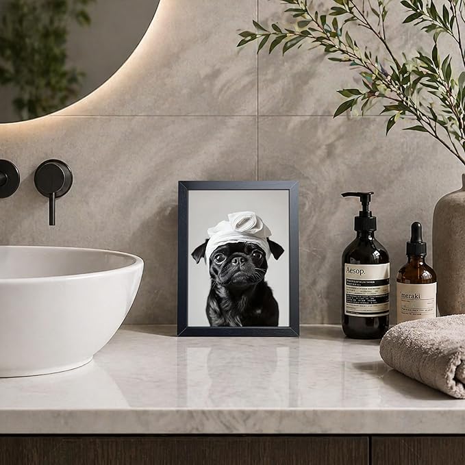 Framed Funny Dog Bathroom Wall Art, Cute Pug Bathroom Wall Decor, Cute Animal Canvas Print Picture, Modern Farmhouse Restroom Home Decor Painting 8x10 Inch Framed
